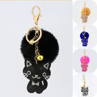 Cute rhinestone flannel cat hair ball pom pom key chain pendant lady bag pendant earphone key chain bell tassel accessories