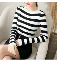 2021Women O-Neck Striped Long Sleeve Thick Sweaters Ladies Autumn Winter Pullover Casual Blue Knit Jumpers Female Black Elastic Tops