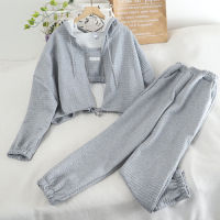 Sporty casual 3-piece suit autumn ultra-short sling hooded sweater coat with feet long pants three-piece female