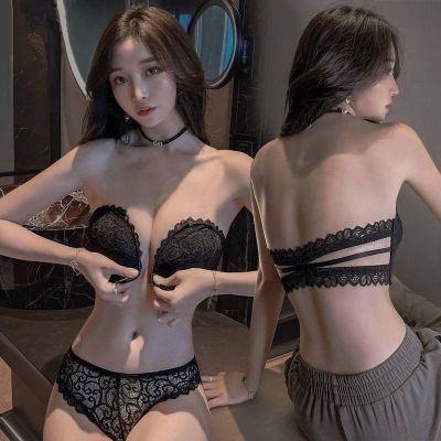Latex front button underwear without steel ring Womens thickened strapless non slip off shoulder sexy invisible back bra dv