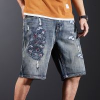 Spot extra large size 29-44] Cotton thin jeans mens beggar hole denim shorts 2023 new Chao brand embroidered thin five-cent pants loose stretch shorts for boysTH