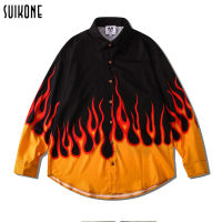 Suikone Mens new long-sleeved shirt flame color matching digital printing loose street fashion trend men and women couples the same style