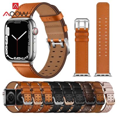 ✹♈◆ สายหนังวัวแท้สำหรับ Apple Watch iwatch 7 6 5 4 3 2 SE 38mm 42mm 41mm 40mm 44mm 45mm Stainless Steel Buckle Band