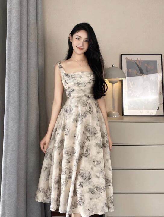 Korean Retro Style Printed Flower Wide Shoulder Strap Long Skirt