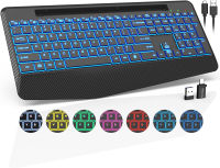 Trueque Wireless Keyboard with 7 Colored Backlits, Wrist Rest, Phone Holder, Rechargeable Ergonomic Computer Keyboard with Silent Keys, Full Size Lighted Keyboard for Windows, MacBook, PC, Laptop (Black)