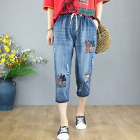 Large  Size Womens Spring Summer 7/10 Jeans Cute Embroidered Cropped Denim Pants with Holes