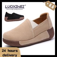 LUOXIWEI Wedge รองเท้าผู้หญิงหนังแท้รองเท้า Slip On Loafers สไตล์เกาหลีสีดำแพลตฟอร์มรองเท้าลำลองสุภาพสตรี Plus ขนาดหนานุ่มด้านล่างรองเท้าผู้หญิง