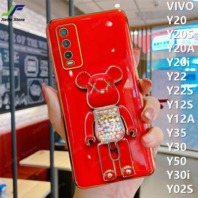 JieFie ใหม่ของเล่นหมีเคสโทรศัพท์สำหรับ VIVO Y20 / Y20S / Y22 / Y22S / Y35 / Y12S / Y12A / Y20A / Y20i / Y30 / Y50 / Y30i / Y02S ตุ๊กตาน่ารักโครเมี่ยมสุดหรู-Plated Soft ฝาครอบโทรศัพท์ TPU + ขาตั้ง