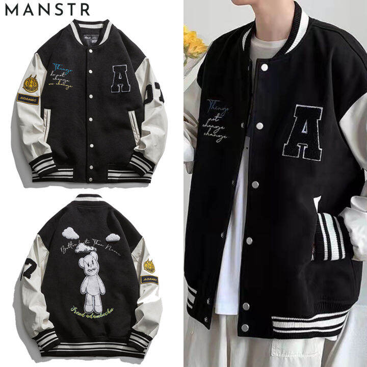 Oversized Unisex Letter Printed Black&White Baseball Jacket Varisty Men