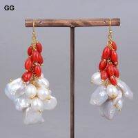 GG Jewelry Natural White Cultured Keshi Pearl Red Rice Coral Hook Earrings For Women Lady Girl Gift Jewelry