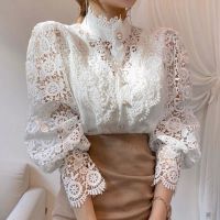 Korean Button Loose Vintage Solid White Lace Blouses and Shirts Woman New Elegant Tops Hollow Casual 2023 Fashion Blusas 12419