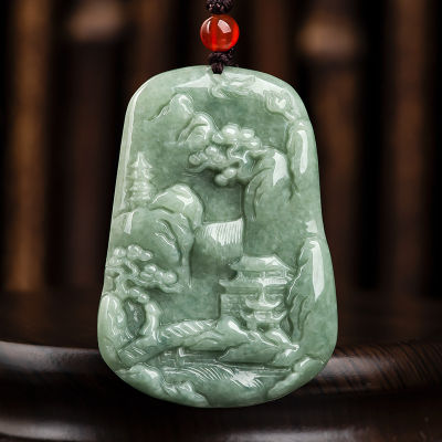 Hot Selling Natural Hand-Carve Jade Emerald Green Landscape Pendant Charm Jewelry Men Women Necklace Luck Amulet with Chain Gift