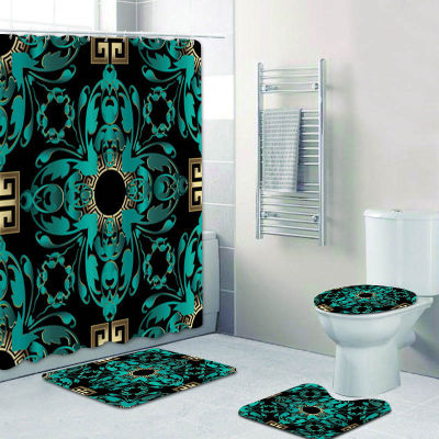 Stylish Turquoise Blue Gold Meander Greek Key Shower Curtain and Bath Rug Set Antique Mandala Abstract Bathroom Mats Home Decor