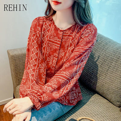 REHIN ของผู้หญิงด้านบนสไตล์วินเทจพิมพ์นัวเนียเสื้อแขนยาวฤดูใบไม้ร่วงแขนโคมไฟหลวมแฟชั่นเสื้อชีฟอง