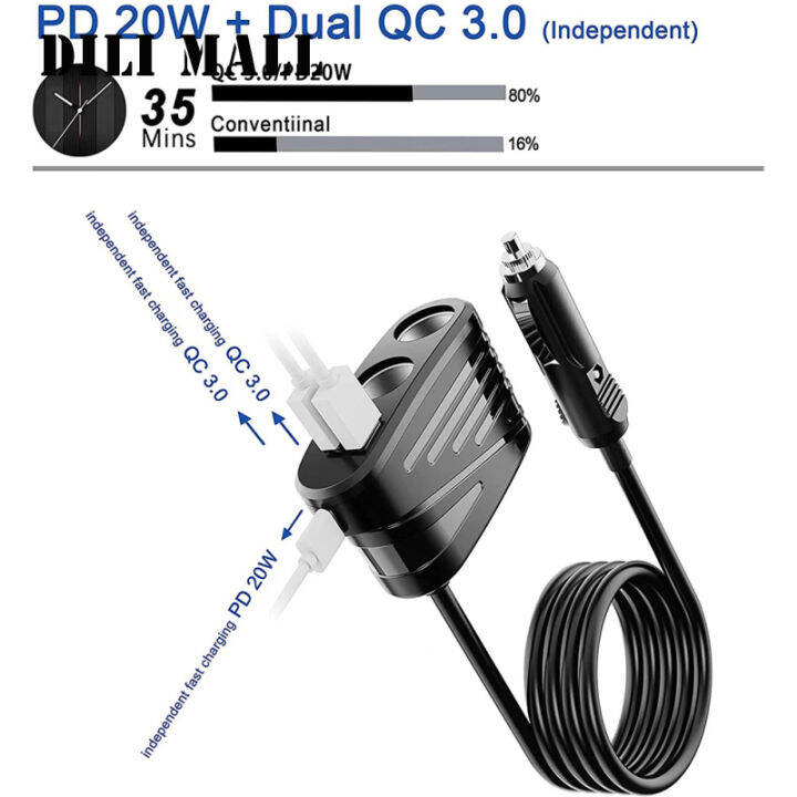 ตัวแยกสัญญาณ2ซ็อกเก็ตจุดบุหรี่สำหรับยานพาหนะ12-24v-ตัวที่ชาร์จแบตในรถคลังสินค้าพร้อม-usb-สองตัวสำหรับ-pd18w-ประเภท-c-แบบคู่-qc3-0เดียว