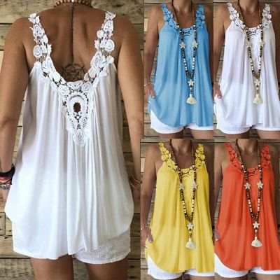 Women Fashion Plus Size Loose Casual Pure Color Lace Sleeveless Camisole Summer Tank Tops