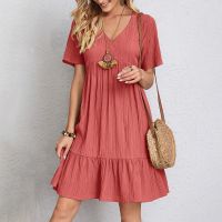 【HOT】❁◕ Womens Short Sleeve Ladies Pleated Ruffle Dresses V Neck Loose Vestidos