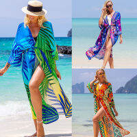 ชุดว่ายน้ำขึ้นปกพิมพ์กิโมโนสำหรับทะเล Boho Coverup ยาวหรูหราชายหาดนอกสถานที่เข็มขัดชุดว่ายน้ำเคปวันหยุดชุดว่ายน้ำขาย