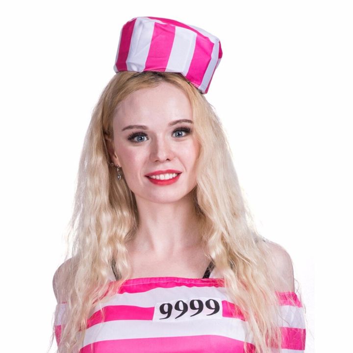 ชุดสตรีสีชมพูนักโทษพร้อมหมวกชุดแฟนซีฮาโลวีนผู้ใหญ่เซ็กซี่