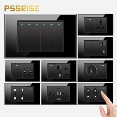 PSSRISE Brazil Thai EU IT US Wall Switch Socket with 5V 2.1A USB Type-c Charger Tempered Glass Panel Light Switch Power Outlet