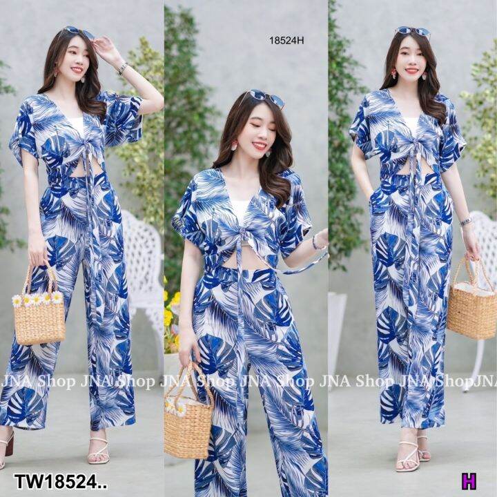 tw18524-set-2-ชิ้น-เสื้อผูกโบว์หน้าลายใบไม้-กางเกงลายใบไม้ขายาว