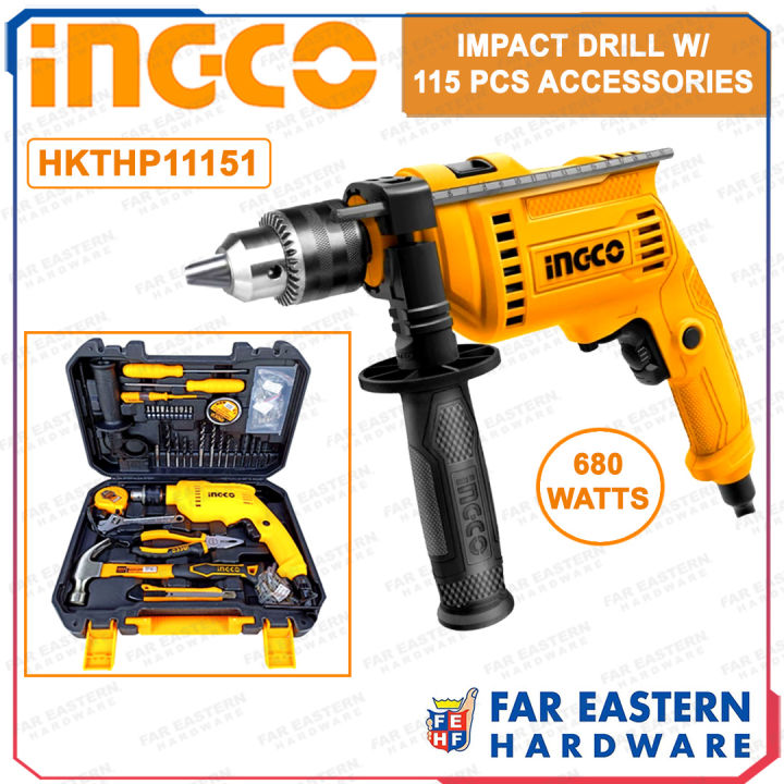 INGCO Impact Hammer Drill w/ 115 Pcs Tool Set Accessories HKTHP11151 ...