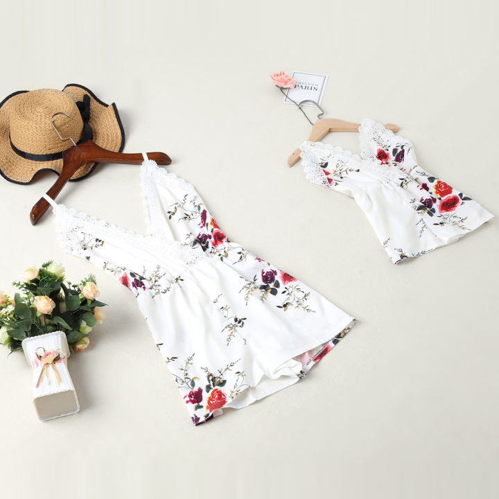 summer-new-family-matching-clothing-mother-daughter-printed-white-jumpsuit-beach-party-parent-child-clothing