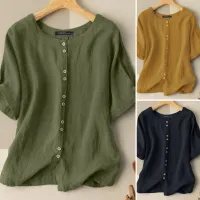 Esolo ZANZEA Muslimah Womens Muslim Cotton Linen Short Sleeve T Shirts Casual Loose Plain Basic Tee Blouse KRS #2