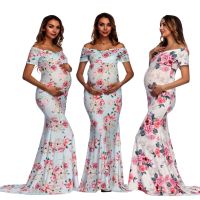 【cw】 European and American Foreign Trade Printing Women Take Photos Cross V Collar Short-Sleeved Maternity Trailing Dress Photo Miss Dress 8911