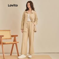 ♈❇❈ Lovito Modest Plain Long Sleeve Button Front Wide Leg Pants Sets for Women L45ED050 (Light Khaki) Lovito Setelan Celana Wanita Kaki Lebar Kancing Depan Polos Sederhana L45ED050 (Khaki Muda)