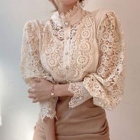 Women Stand Collar Lace Patchwork Shirts Casual Hollow Out Flower al Sleeve Buttonw Tops white shirts for women.