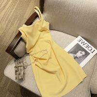 Yellow Women Summer Spaghetti Strap Mini Dress Fashion Vintage Simply Style y Solid Color y A-line Design Casual Vestido