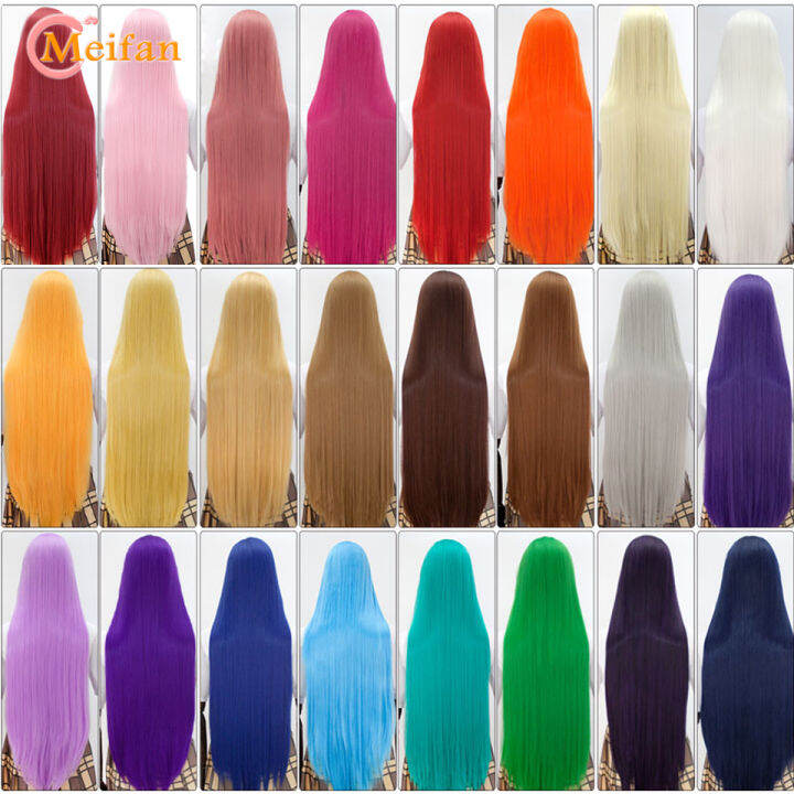 meifan-100เซนติเมตรสังเคราะห์คอสเพลย์อะนิเมะเครื่องแต่งกายวิกผมสีบลอนด์สีฟ้าสีแดงสีชมพูสีม่วงผมสำหรับพรรคยาวตรงคอสเพลย์วิกผมสำหรับผู้หญิง