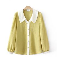 【มีไซส์ใหญ่】Plus Size XL-4XL Womens V-neck Black Yellow Spring Autumn New Tops Long Sleeved Patchwork Elegant Office-wear Blouses