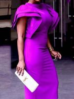 ZZOOI Women High Neck Fuchsia Midi Dress Flare Sleeve Backless Bodycon Robes Summer Big Size Formal Party Coacktail Evening Gowns 4XL