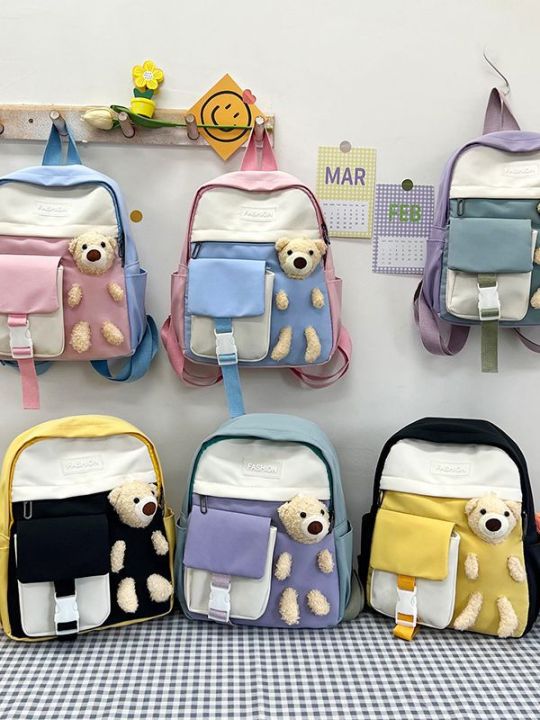 กระเป๋านักเรียนหญิงญี่ปุ่นน่ารักหมีอนุบาลกระเป๋าเป้สะพายหลัง-2023-กระเป๋านักเรียนเด็กผู้หญิงสไตล์เกาหลีสีตัดกัน
