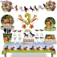 ✿☑♟ Horse Party Decor Disposable tableware Horse Party Plates Napkin Cups Horse Birthday Banner Ballon Horse Birthday Party Supplies