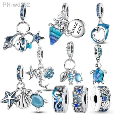 ❁ 925 Silver Sea Turtle Octopus Charm Starfish Dolphin Bead Fish Blue Ocean Shell Pendant For Original Bracelet Summer Jewelry