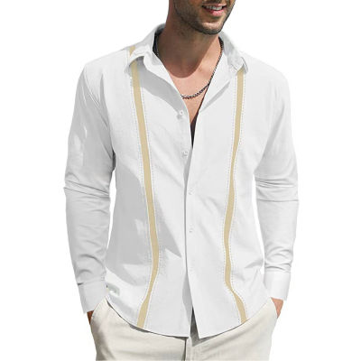 เสื้อแฟชั่นคอปกสีขาวสำหรับผู้ชายเสื้อผ้าลินินแขนยาวระบายอากาศได้เป็นมิตรกับผิวสำหรับชีวิตประจำวัน