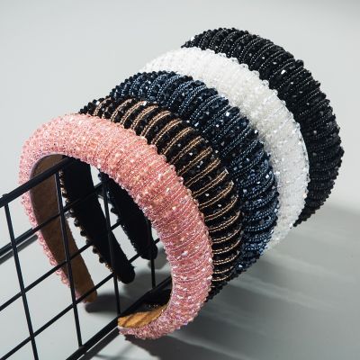 【cw】 Hair band European andhand-woven beaded headband female sponge hair bundle Korean version ofhair accessories
