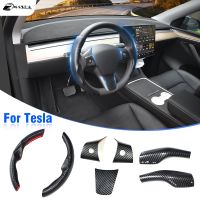 【YF】 7PCS Carbon Fiber For Tesla Model 3 Y 2017-2023 Car Steering Wheel Trim Cover Frame Sticker Shift Paddle Shifter Handlebar