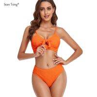 【TAKU Swimsuit】 Sean Tsing®เอวสูงผูกโบว์สีดำล้วนบิกินี่เซ็ทชุดว่ายน้ำผู้หญิงเสื้อคอวีเซ็กซี่ชุดว่ายน้ำทูพีซอาบน้ำชายหาด2023