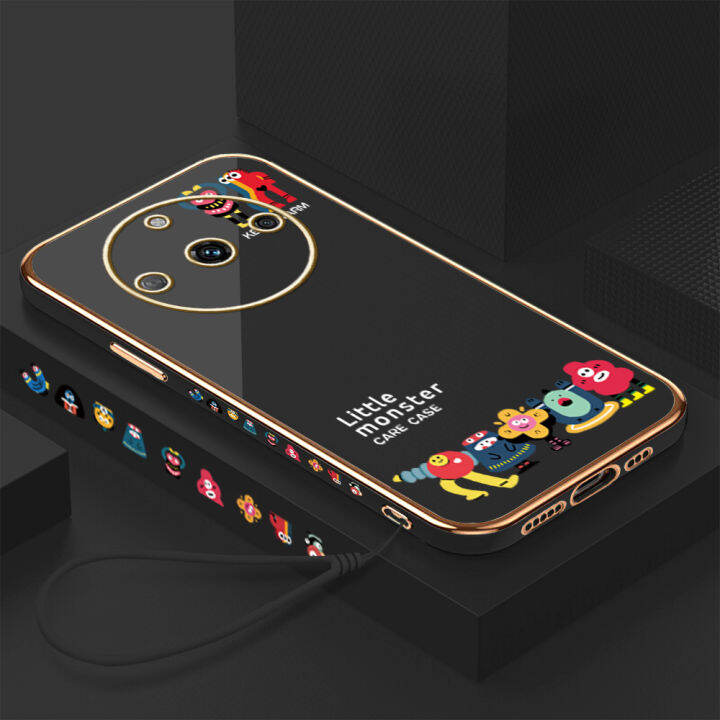 ggk-เคสสำหรับ-realme-11-5g-11-pro-5g-11-pro-5g-realme-narzo-60-5g-ฟรีสายคล้อง-สัตว์ประหลาดตัวน้อยการ์ตูนน่ารักลวดลายขอบสี่เหลี่ยมชุบเคสโทรศัพท์เคสโทรศัพท์นิ่มสุดหรู