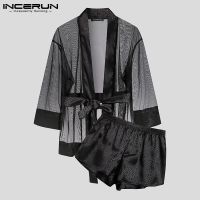 Men Robe Sets Mesh Leopard Patchwork See Through y Open Stitch Bathrobes &amp; Shorts Homewear Men Nightgown Suits INCERUN S-5XL