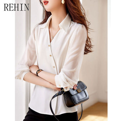 REHIN เสื้อชิฟองสีขาวสไตล์ใหม่เหมาะสำหรับการเดินทางและเรียบง่ายสง่างามเหมาะกับเหมาะกับชุดอื่นๆเสื้อสตรี