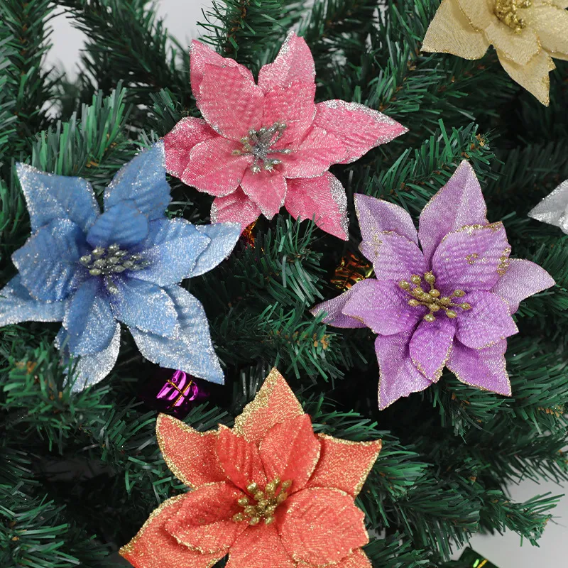 10Pcs 9-16cm Artificial Christmas Flowers Xmas Tree Decoration Glitter Red Poinsettia  Flowers For Home Navidad New Year Ornament