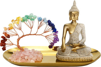 Carselage Buddha Statue and Crystal Tree, Yoga Meditation and Zen Decor, Sitting Statue of Sakyamuni in Thailand(4.3 in), for Office, Desktop, Spirit Room Home Decor