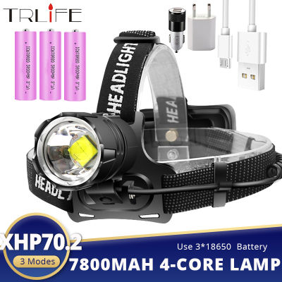 7800มิลลิแอมป์ชั่วโมง XHP70.2ที่มีประสิทธิภาพ LED ไฟหน้าตกปลาโคมไฟ USB ไฟฉาย T6 LED ไฟหน้าอัลตร้าสดใส Z Oomable หัวแฟลชโคมไฟโดย18650