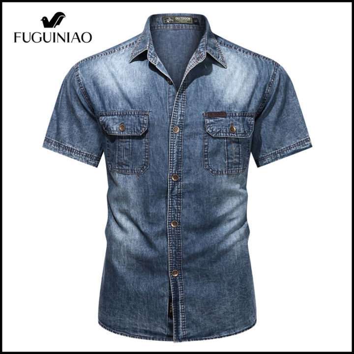 fuguiniao-เสื้อเชิ้ตฝ้ายบริสุทธิ์ฤดูร้อนผู้ชาย-สำหรับเสื้อเชิ้ตเดนิมของบุรุษเสื้อเชิ้ตลำลองมีกระเป๋าหลายจุดเสื้อยีนส์