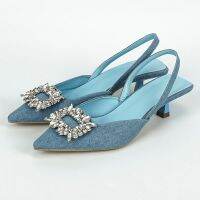 2023 New Brand Women Blue Back Strap Denim Sandal Shoes Low Heel Ladies Slingback Shoes Black Crystal Shallow Dress Pumps Shoes